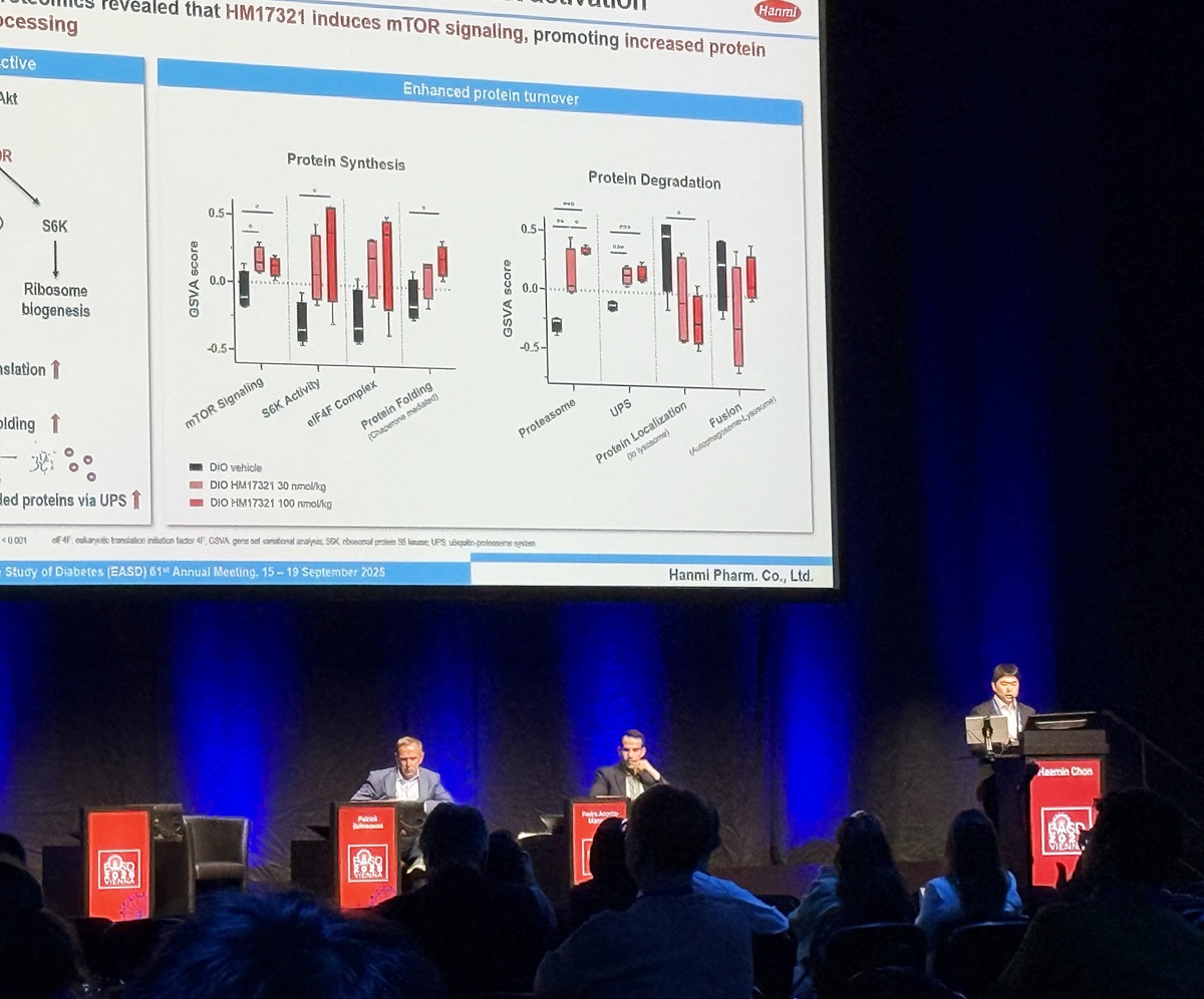 Haemin Chon, Vice President of Hanmi R&D Center, unveiled groundbreaking data on the muscle-enhancing mechanism of HM17321, a novel obesity drug, at EASD 2025 in Vienna.