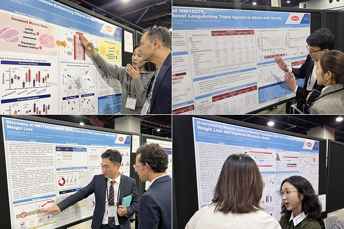 Researchers from Hanmi’s R&D and Clinical Teams explain study findings on HM17321 and HM15275 to attendees at ObesityWeek 2025